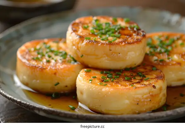 Close-Up of Fried Cheese Pancakes with Chives