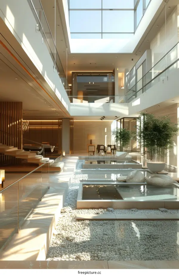 Modern Living Room with Water Feature, Green Plants, and Floor-to-Ceiling Windows