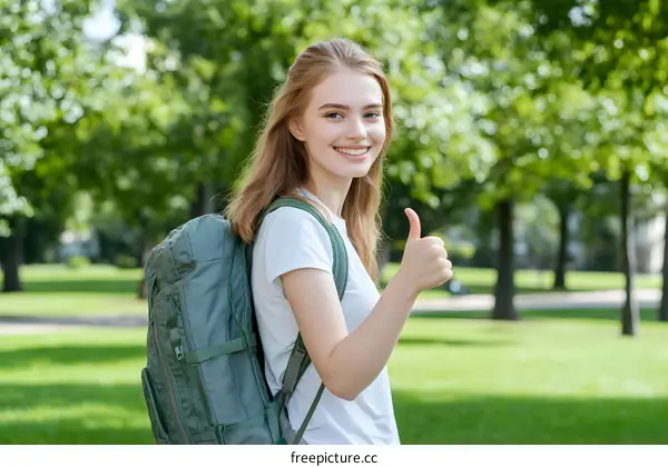 Happy Young Woman With Backpack Giving Thumbs Up In Park