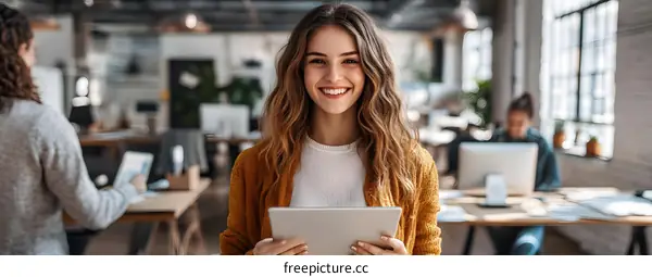 Smiling Woman Holding a Tablet in Office