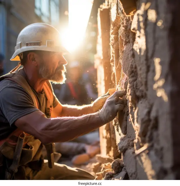 Construction worker inspecting a building