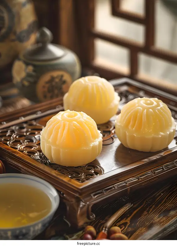 Close Up Of Three Yellow Chinese Cakes On Wooden Tray