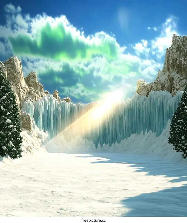 Winter Landscape with Ice Wall and Green Sky