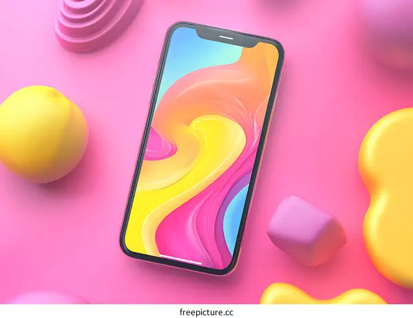 Pink Background with Smartphone and Abstract Shapes
