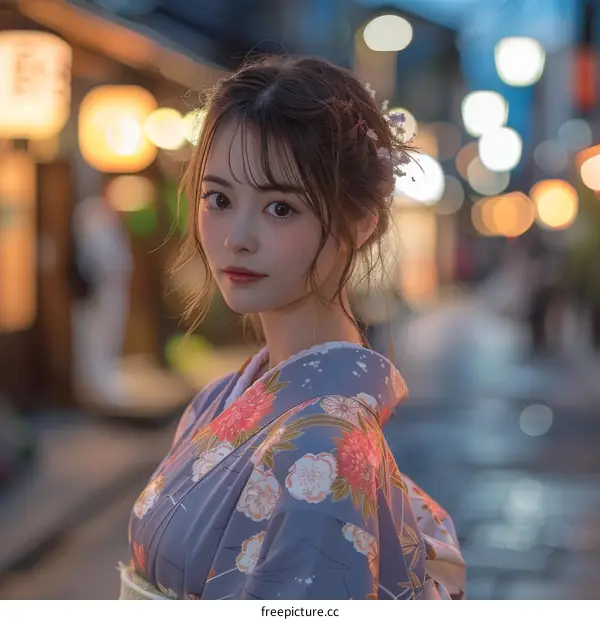 Asian Woman in Traditional Japanese Kimono at Night