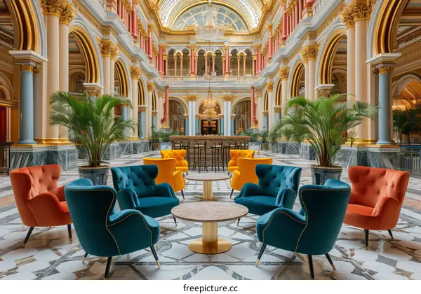 Chairs and tables placed in the hall of a luxury hotel