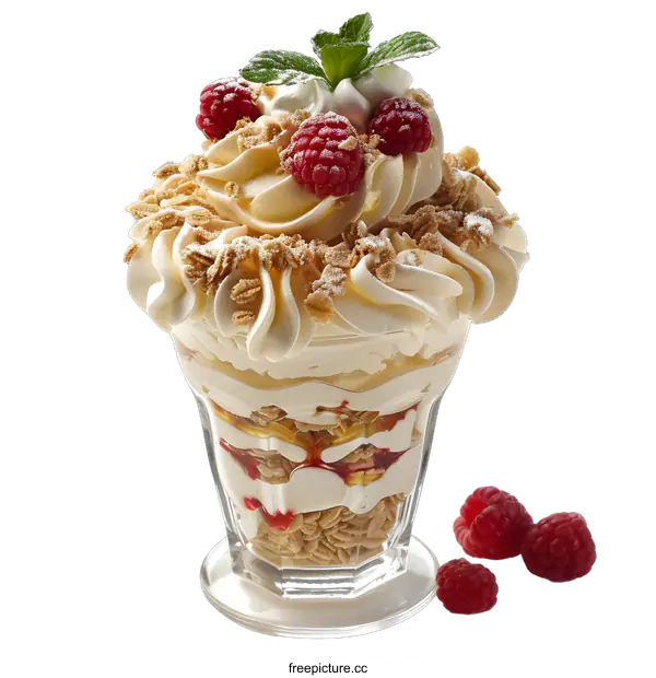 [Transparent Background PNG]Fresh raspberries with cream and granola