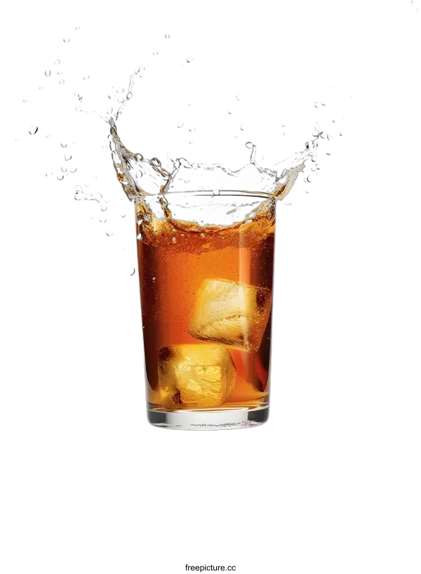 [Transparent Background PNG]Transparent glass with amber liquid and ice cubes