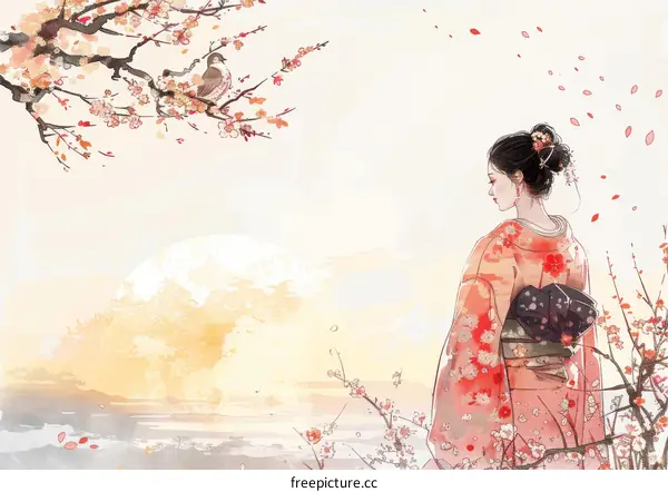 A woman in a kimono standing under a cherry blossom tree