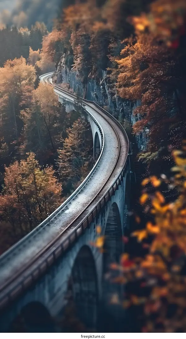 Curved Train Tracks on a Bridge Through a Forest