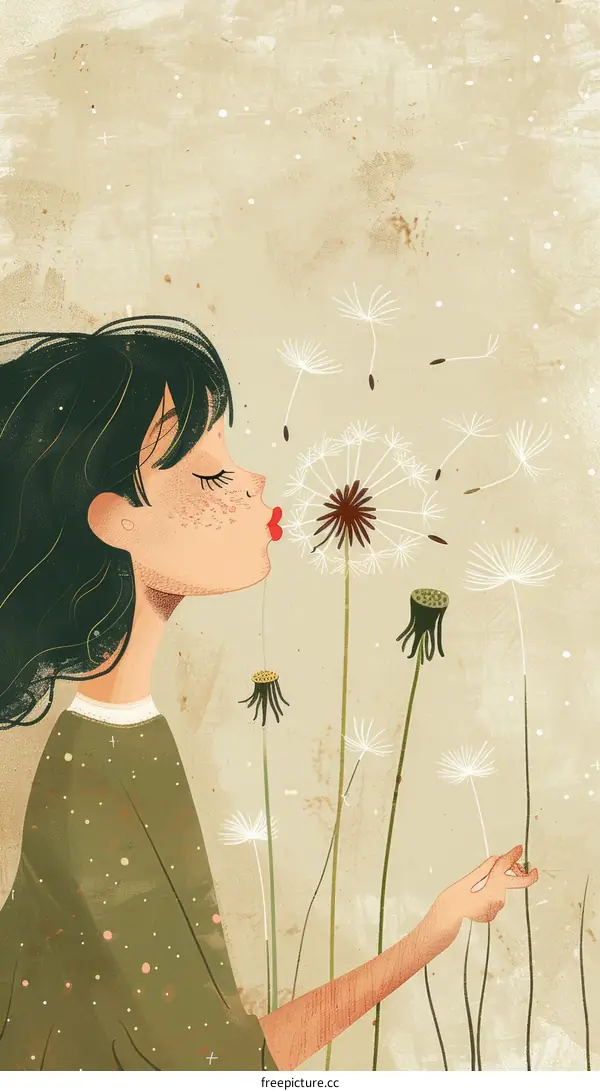 Young Woman Blowing Dandelions in a Field