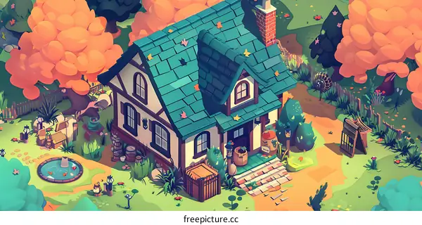 Cute Cartoon Illustration Of A Small House In The Woods