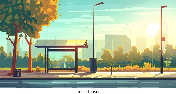 Cityscape with Bus Stop and Green Trees