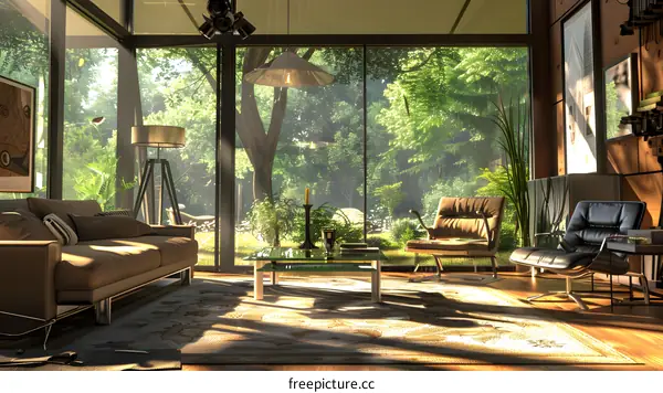 Modern Living Room With Large Windows Overlooking Green Forest