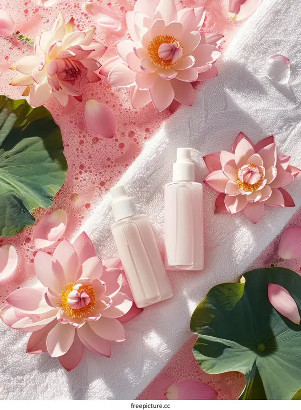 Bath products displayed with lotus flowers and leaves