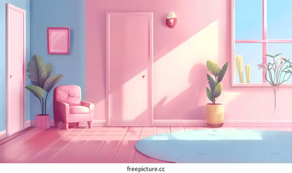 Pink Room Interior Design with Plants and a Chair