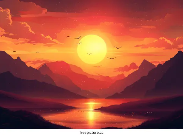 Tranquil Sunset Over Mountains and Lake