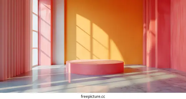 Minimalist pink podium on marble floor with orange wall and window