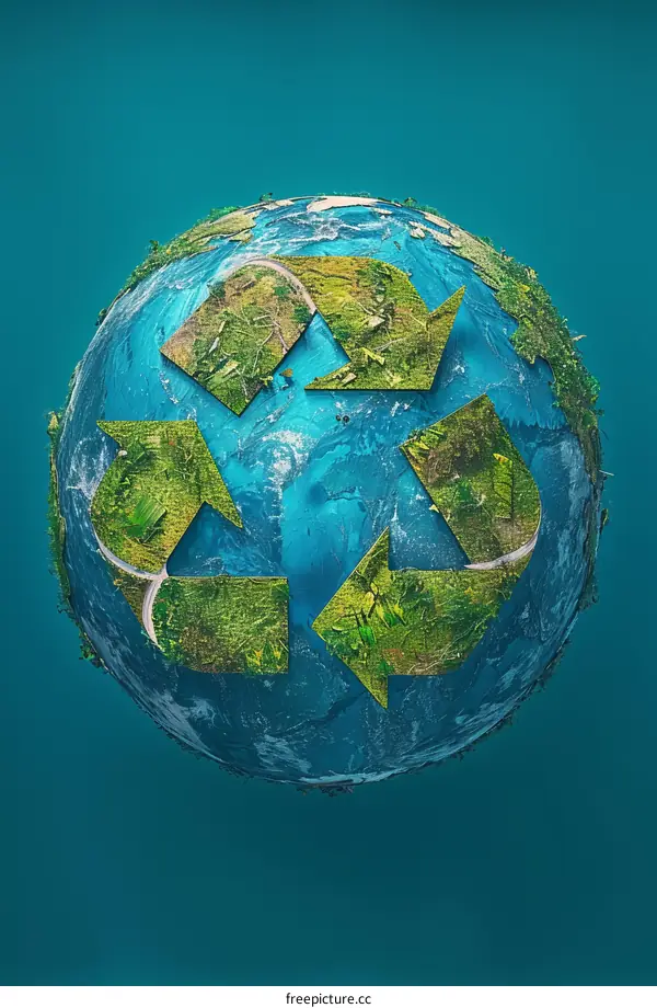 Planet Earth with a recycling symbol made of green leaves and blue water