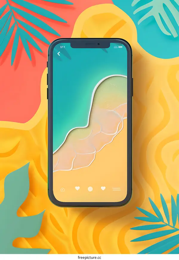 Summer Beach Phone Mockup with Palm Leaves