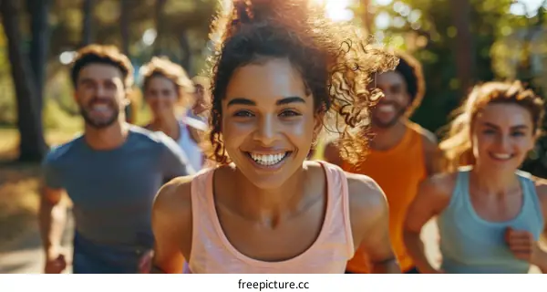 A group of multiethnic friends running together in a park