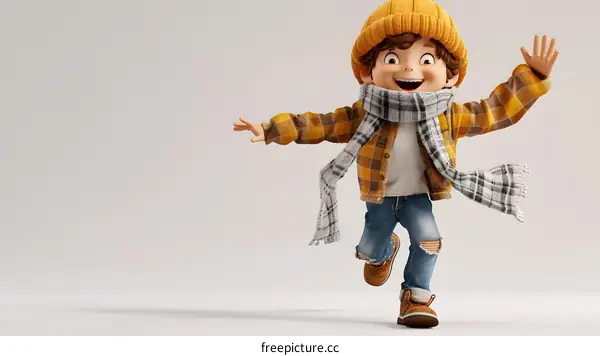 Smiling Cartoon Boy Wearing Winter Clothes