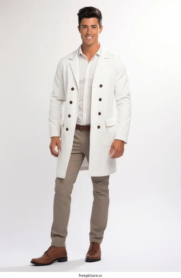 Fashion model in white coat and khaki pants