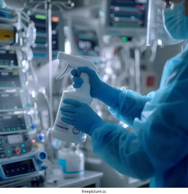 gloved hand spraying disinfectant in hospital room