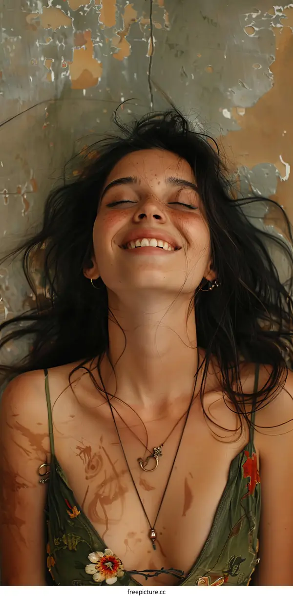 Laughing woman with freckles and dark hair wearing a green dress