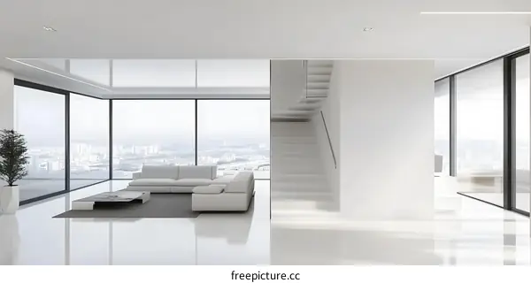 Modern White Interior Design Living Room with Large Windows and City View