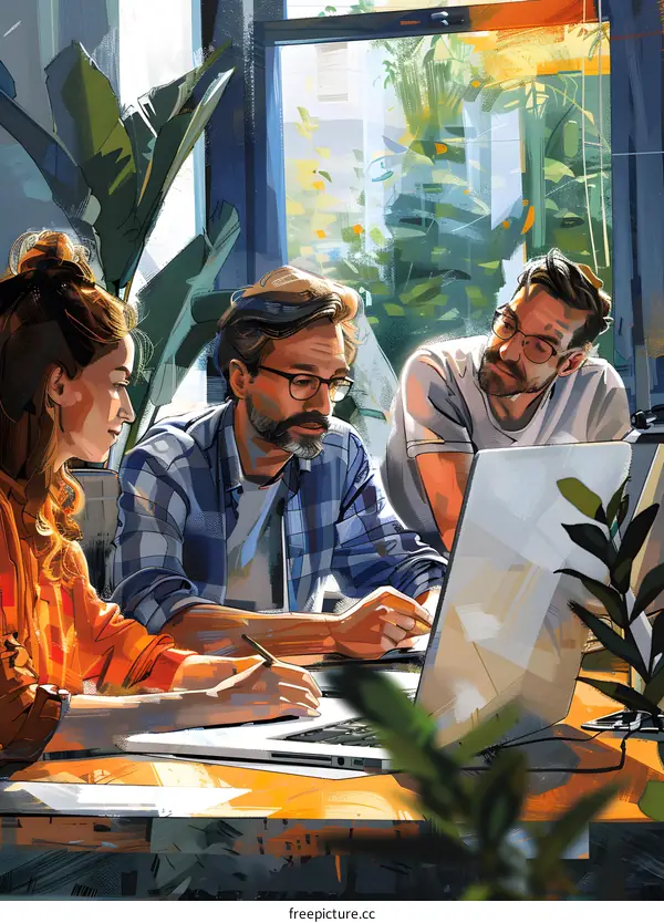 Three business people in casual clothes discussing ideas in a creative office space