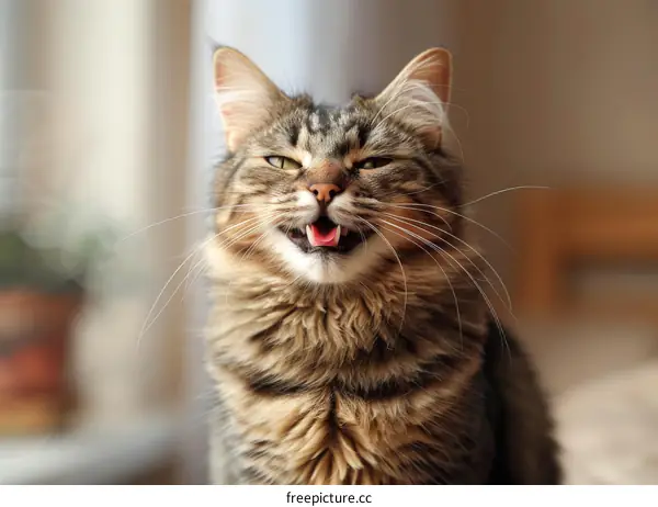 A ginger cat is sitting in front of a window