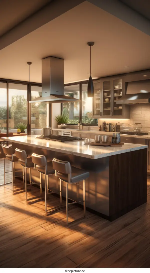 Modern kitchen interior with large island and stainless steel appliances