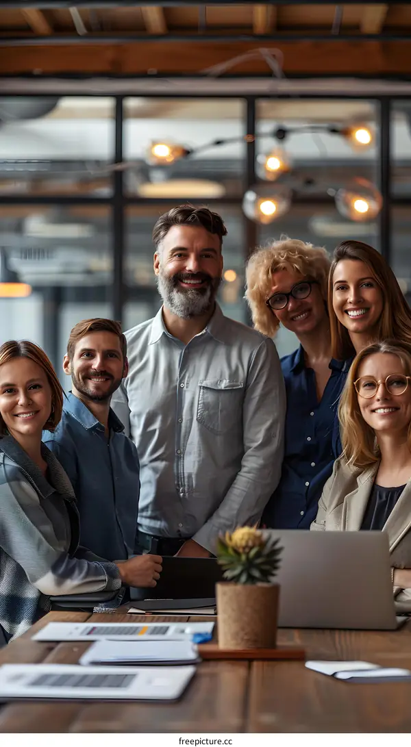 portrait of a group of business people smiling and posing in an office