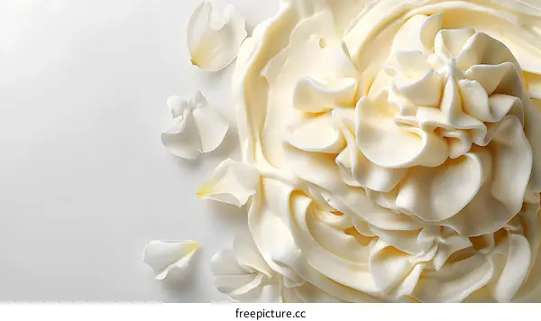 White cream texture with flower petals on a white background