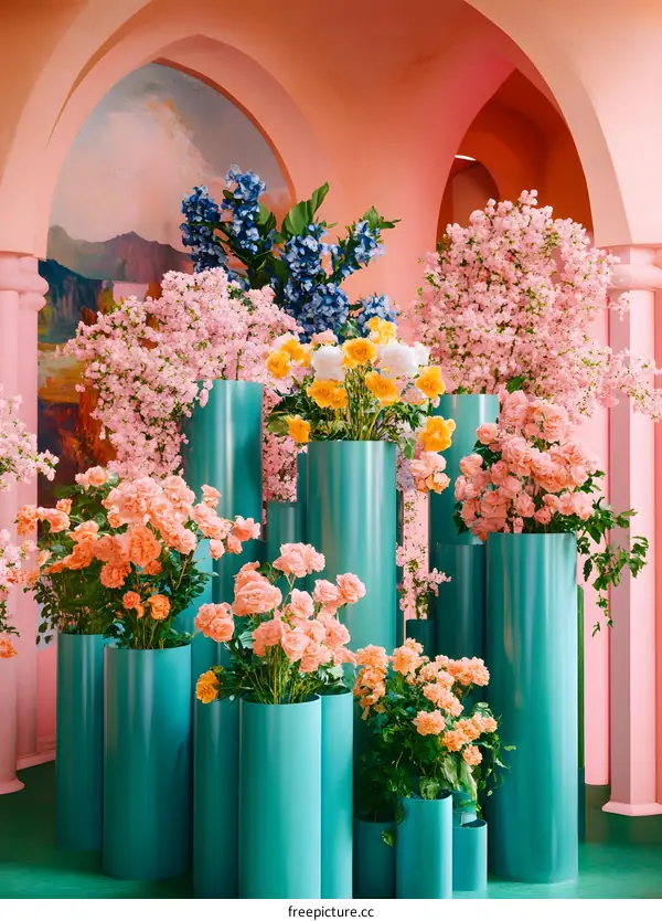 Floral Arrangement In Pink and Green Room With Arched Walls