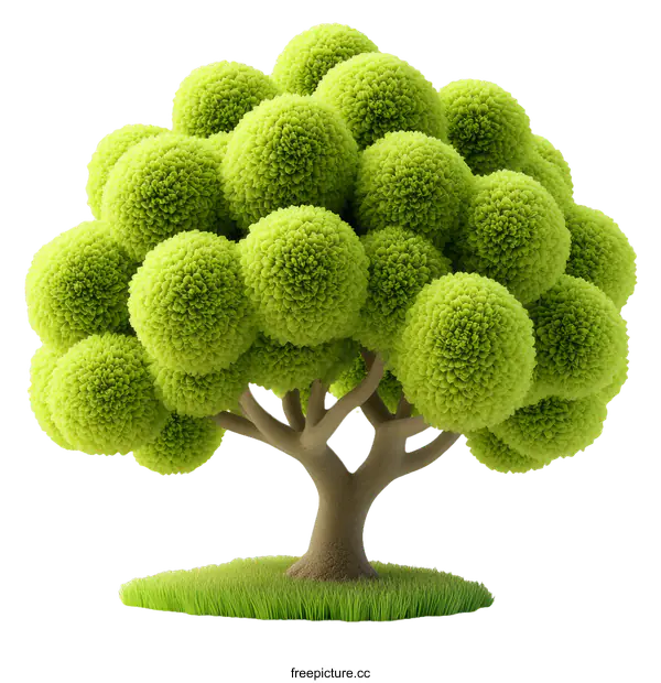 [Transparent Background PNG]Illustration of a Fluffy Sphere Tree with Grass
