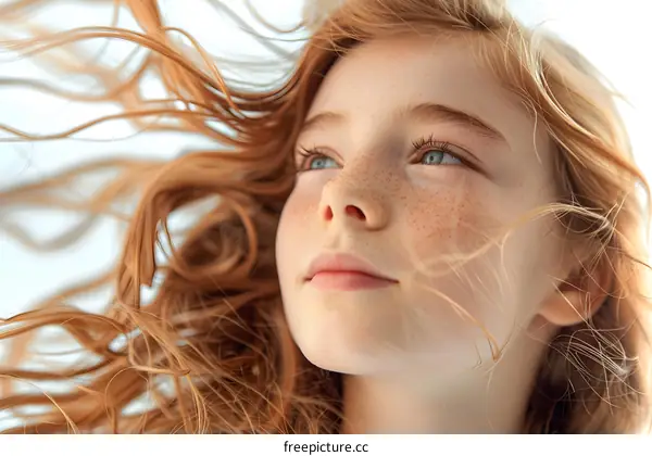 Young Girl with Red Hair and Freckles Looking Up