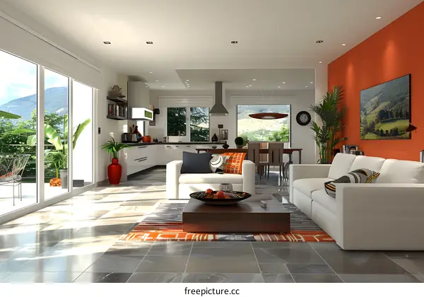 Airy contemporary living room with white sofas and an orange wall