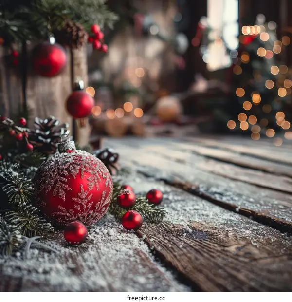 Festive Christmas Ornaments on a Snowy Table