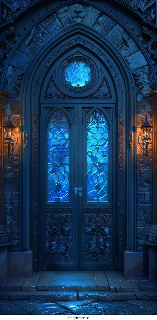 Ornate Blue Doorway with Glass Panels in a Gothic Building