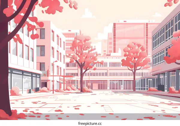 Pink Cityscape Illustration With Buildings And Trees