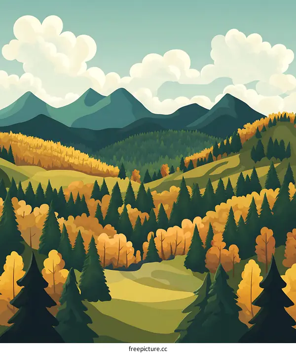Mountain Forest Landscape with Green Trees and Golden Autumn Foliage