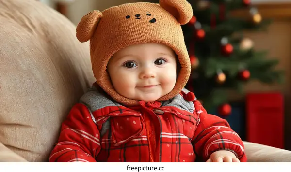 Adorable Baby in Bear Hat at Christmas