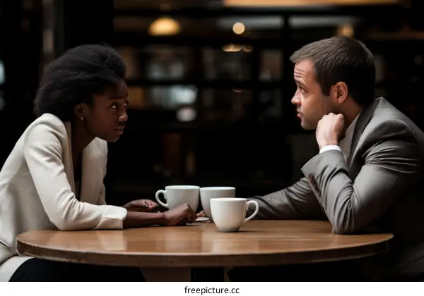 A serious conversation between a man and a woman in a cafe