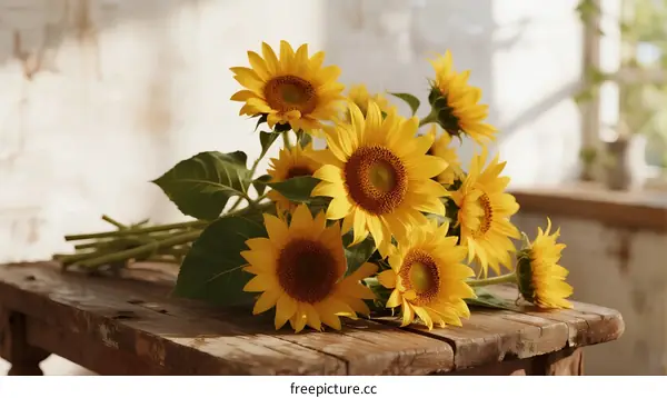 A Bunch of Vibrant Yellow Sunflowers on a Wooden Table