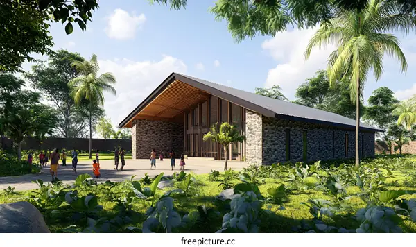 Modern Stone Building with Palm Trees and People