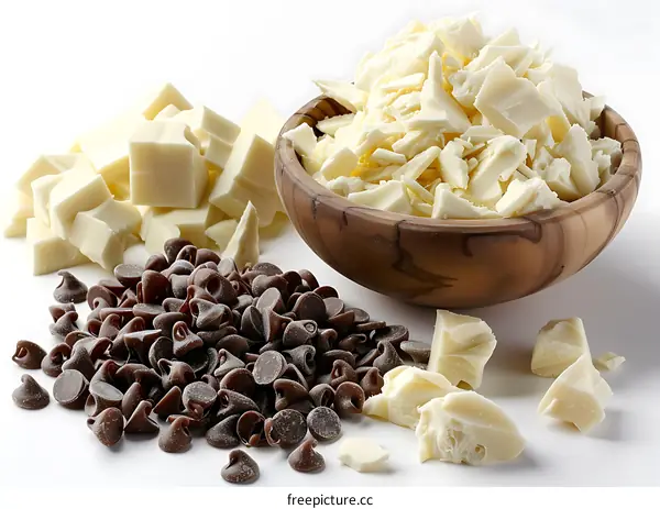 White Chocolate Chunks and Chocolate Chips on White Background