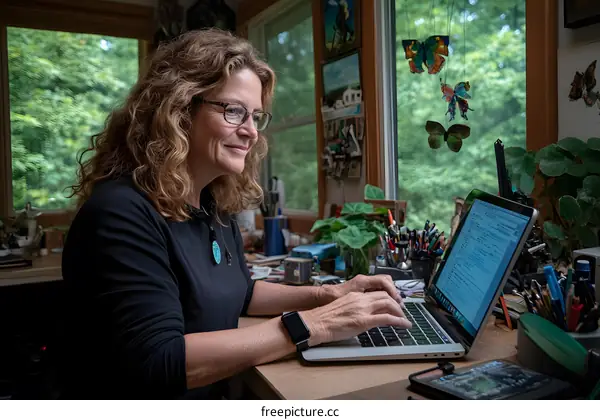 Woman Using Laptop At Desk With Cluttered Workspace