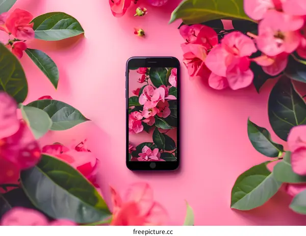 Pink Flowers Surrounding a Smartphone with a Floral Wallpaper